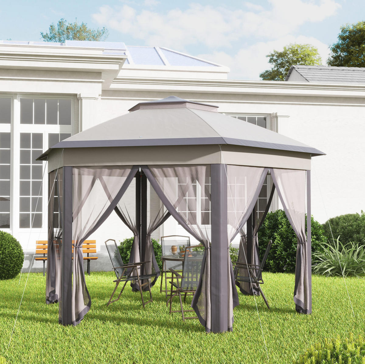 GARTENPAVILLON 405/340/285 cm mit Mesh-Seitenwänden, Doppeldach und Metallgestell, Kaffee - Braun, Metall (340/285/405cm) - Redom