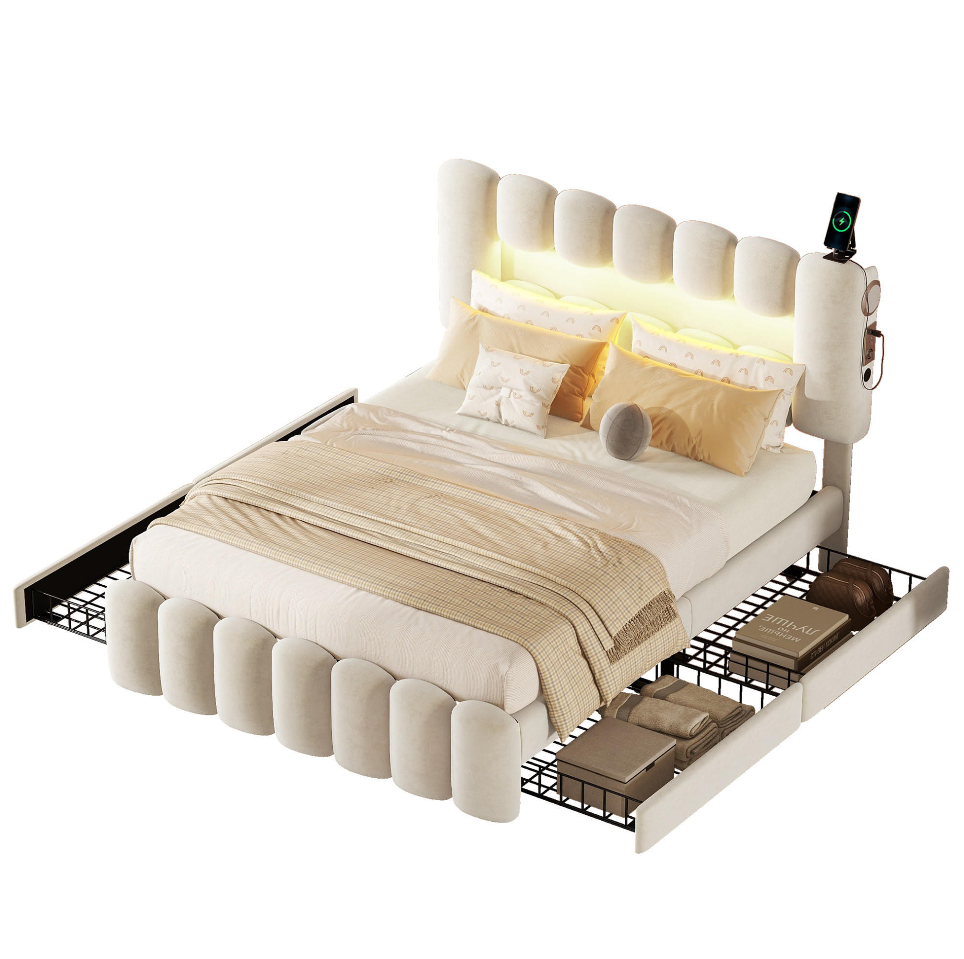 POLSTERBETT mit 4 Schubladen 140x200 cm Samt Beige - Beige, Metall (140/200cm) - Meubliv
