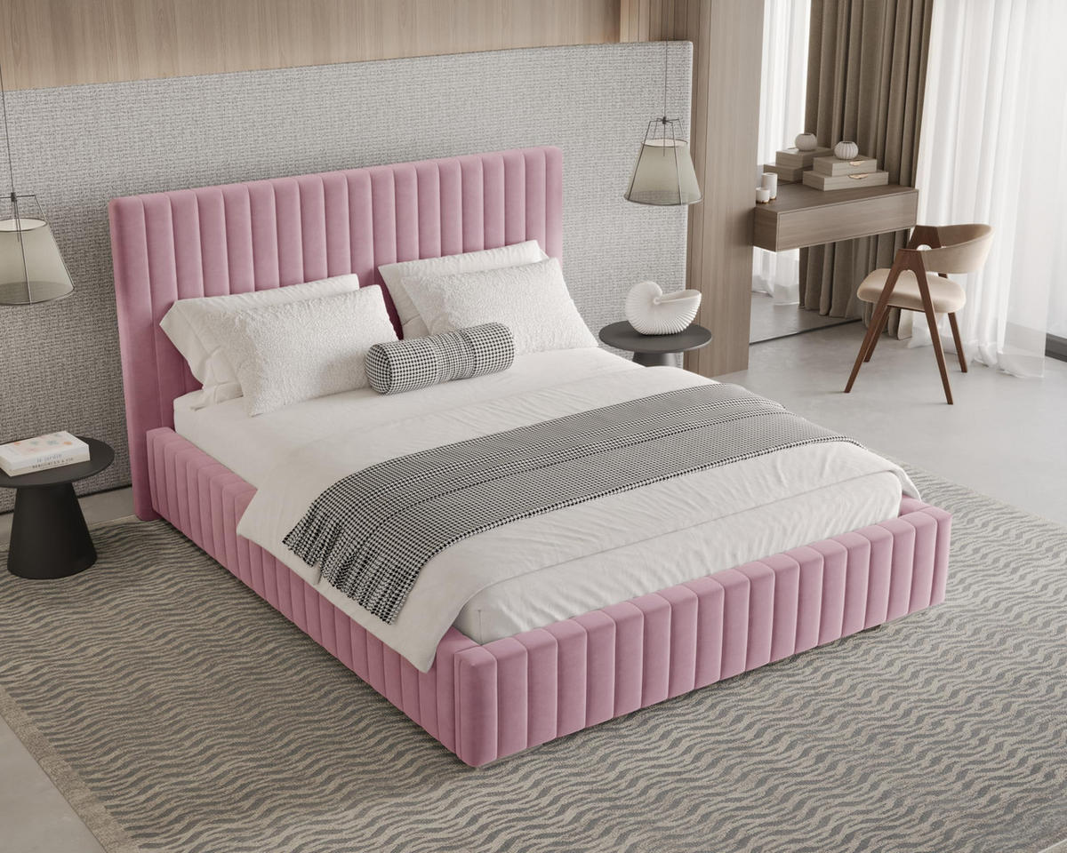 POLSTERBETT 180x200 cm mit Bettkasten, Lattenrost und Kopfteil, Eleganter Zanzibar-Stoffbezug, Rosa - Rosa, Holz (180/200cm) - Chilly
