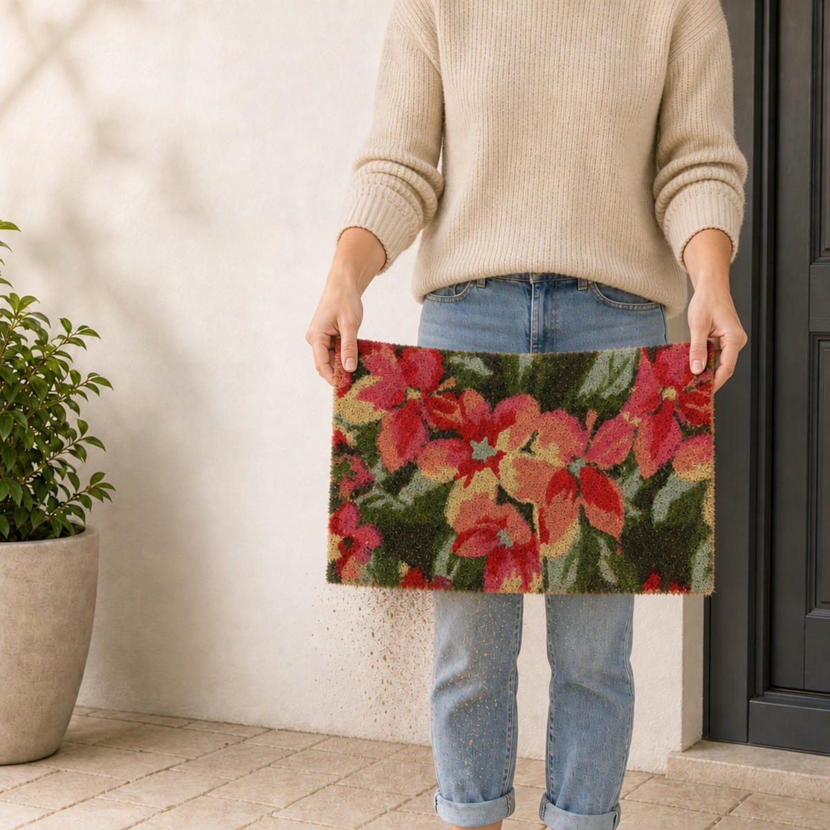FUSSMATTE Mehrfarbig Blütenmotiv rutschhemmend 60x40 cm - Multicolor, Kunststoff/Textil (60/40cm) - Relaxdays