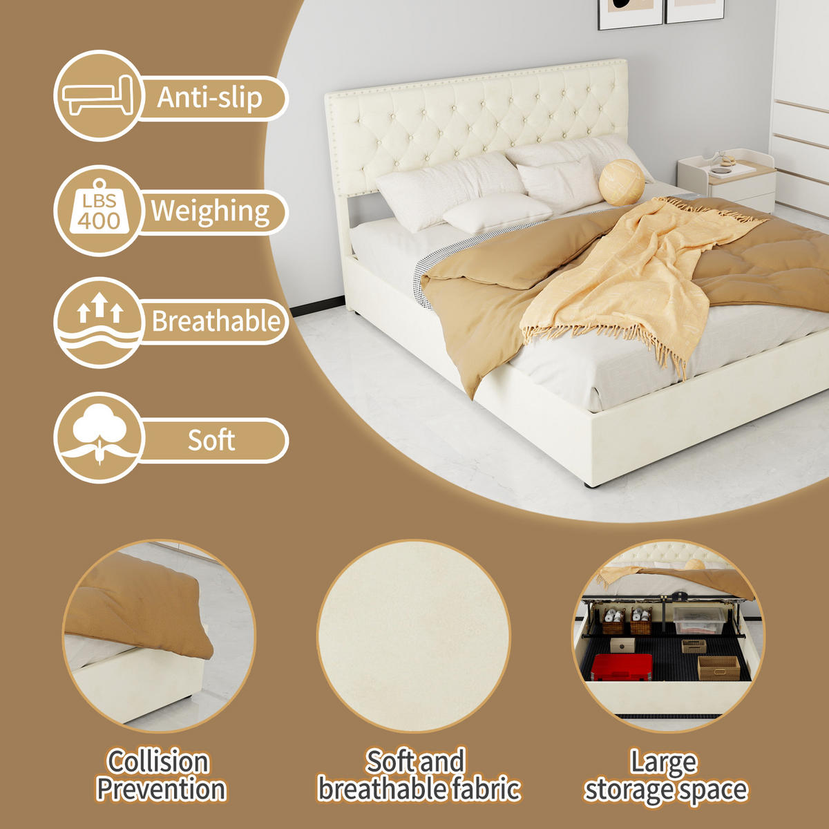 STAURAUMBETT 160/200 cm DE-35445 mit Gaslift-Staufach Beige - Beige, Metall (160/200cm) - ComfortXL