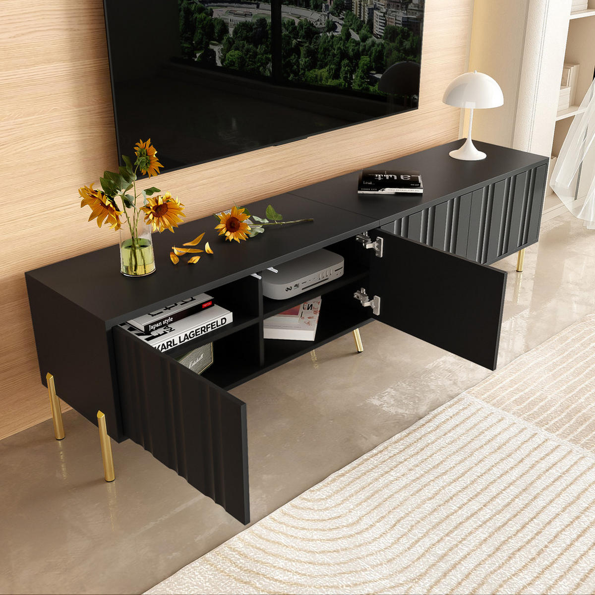 TV-SCHRANK 190x38cm Schwarz mit goldenen Tischbeinen - Schwarz, Holz (46/27/60cm) - FLIEKS