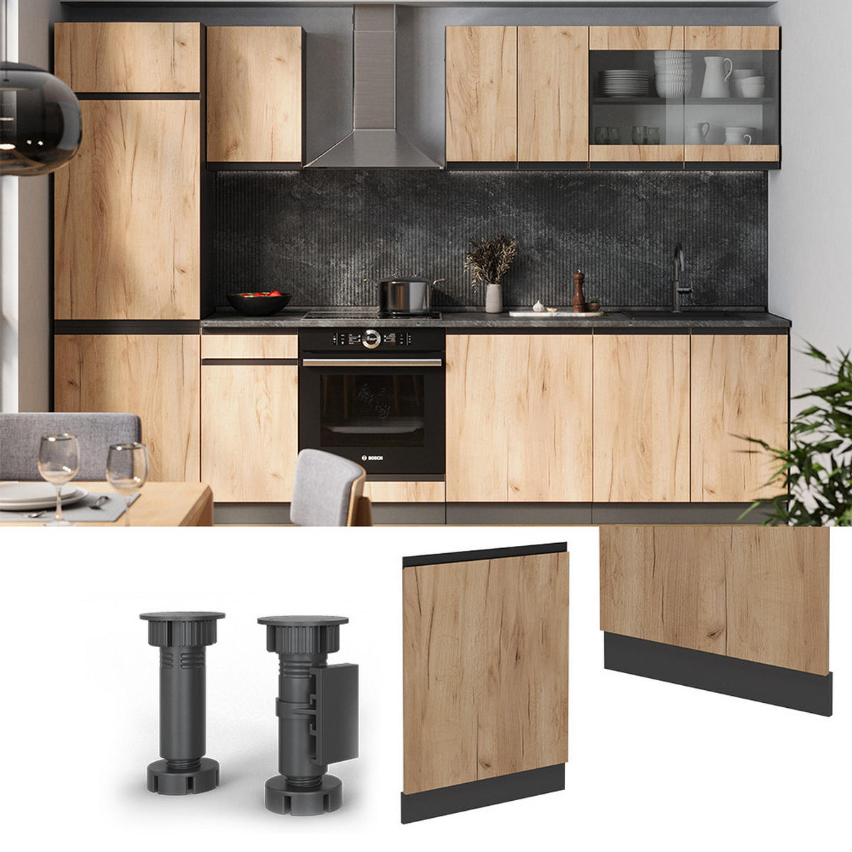 ČELNÍ PANEL MYČKY R-Line Zlatý mocný dub - medově dubová/antracitová, kompozitní dřevo (60/81.8/1.6cm) - Vicco