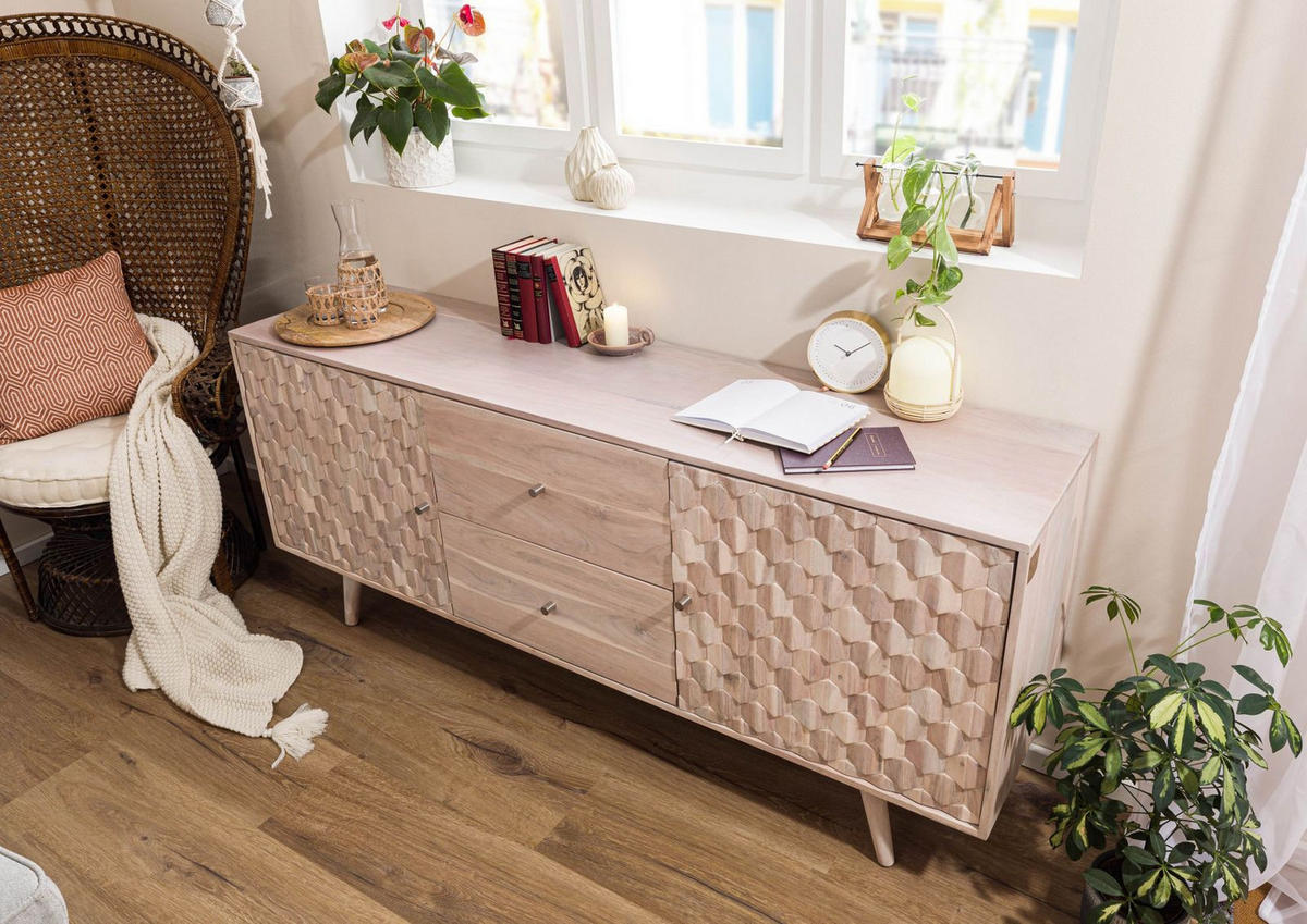SIDEBOARD Akazie 180x42x75 weiß lackiert MOSAYK #200 - Weiß, Holz (180/75/42cm) - Massivmoebel24