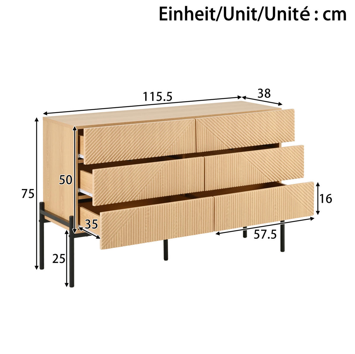 KOMMODE aus MDF 115,5x38x75cm in Natur mit 6 Schubladen - Naturfarben, Holzwerkstoff (115.5/75/38cm) - Modfu