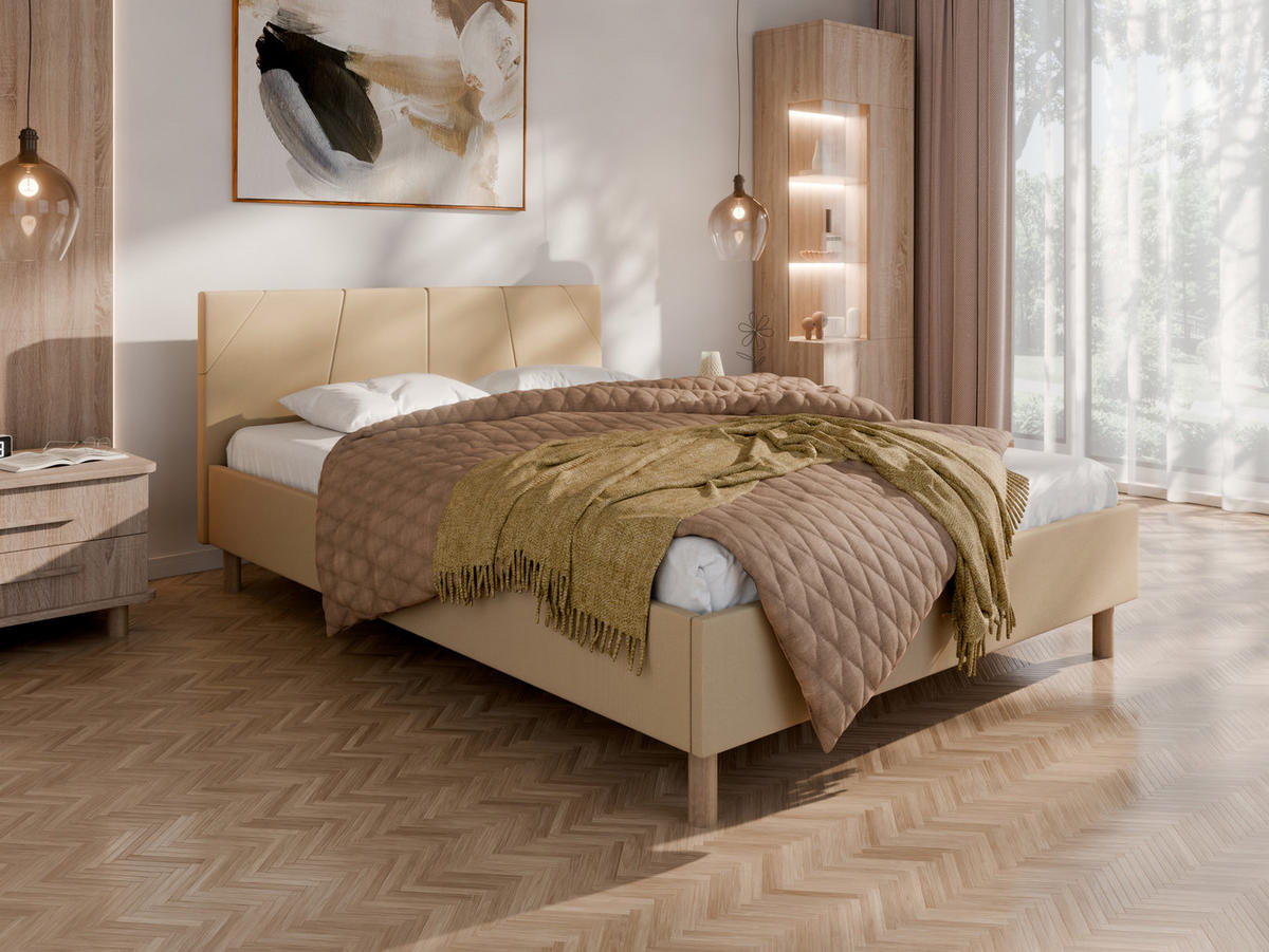 POLSTERBETT ALMORE 140x200cm Elegantes Polsterbett für modernen Wohnstil , 7-Zonen-Taschenfederkernmatratze mit kokos ARLAN (21 cm), Creme - Creme, Holz (140/200cm) - Panda Möbel