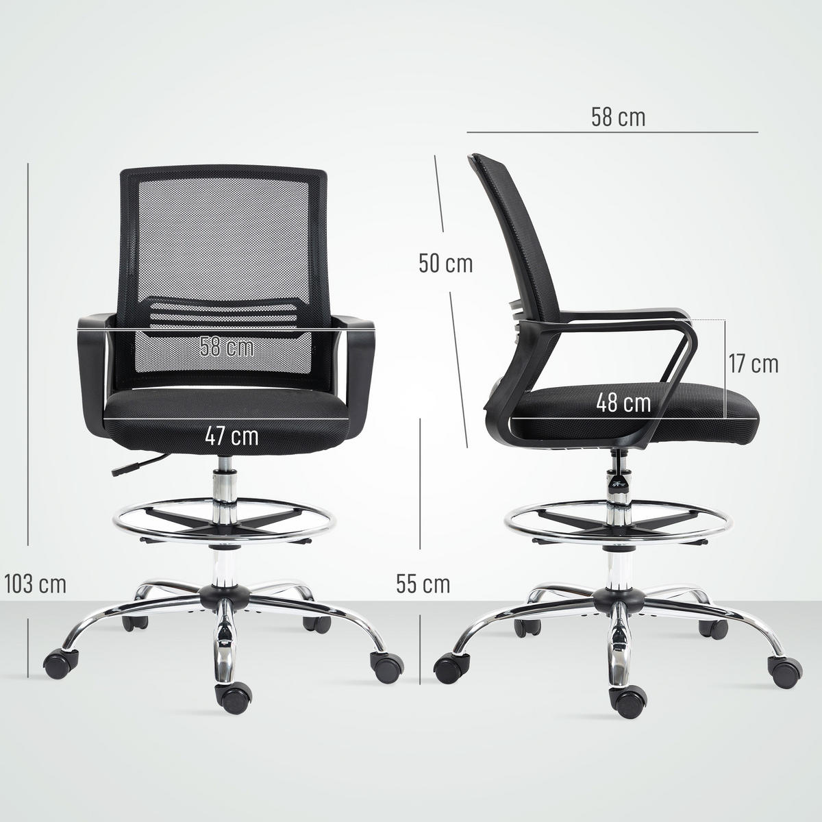 BÜROSTUHL, Höhenverstellbar Computerstuhl mit Armlehne, Schwarz - Schwarz, Kunststoff (58/123/58cm) - HOMCOM
