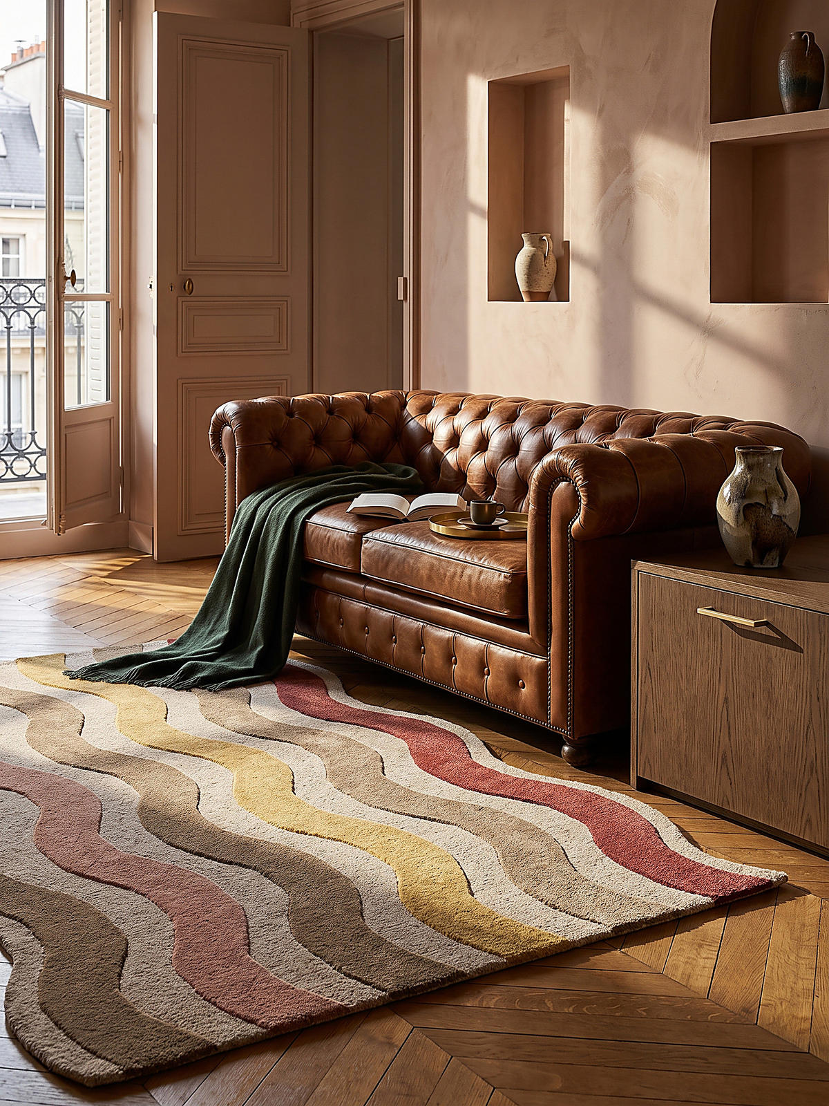 WOLLTEPPICH handgetuftet MONNOW, Wellenstreifen, Natur-Rot, 160 x 230 cm - Beige, Textil (160/230cm) - KADIMA DESIGN