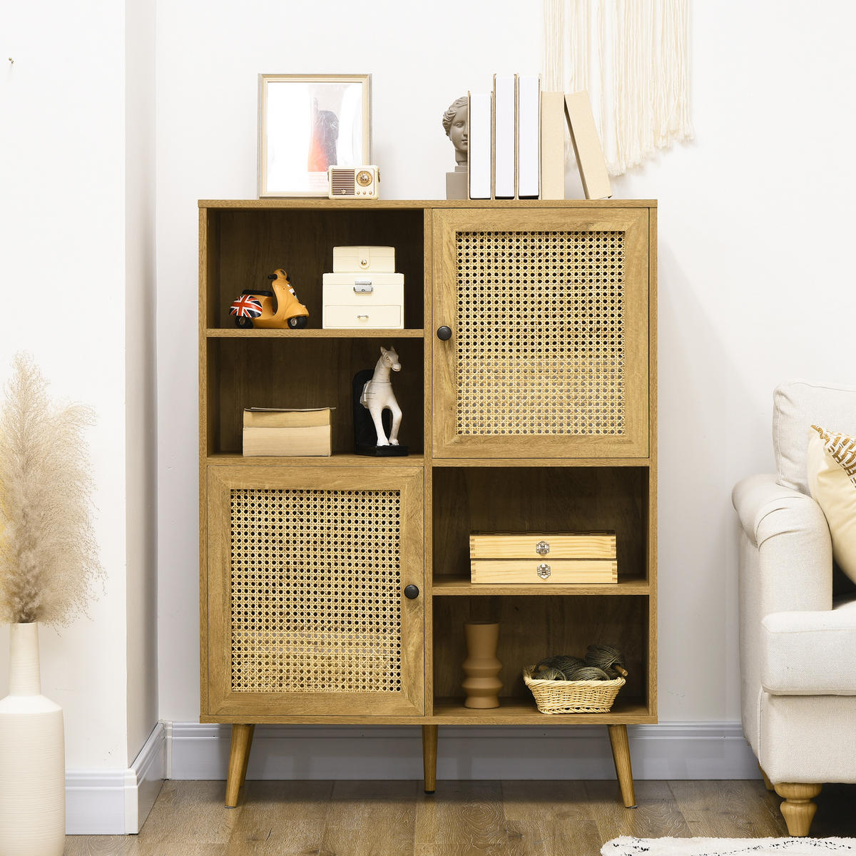 SIDEBOARD DE-11038 2 Türen mit Korbgeflecht & offene Fächer Natur - Eichefarben, Holzwerkstoff (90/120/32.5cm) - ComfortXL