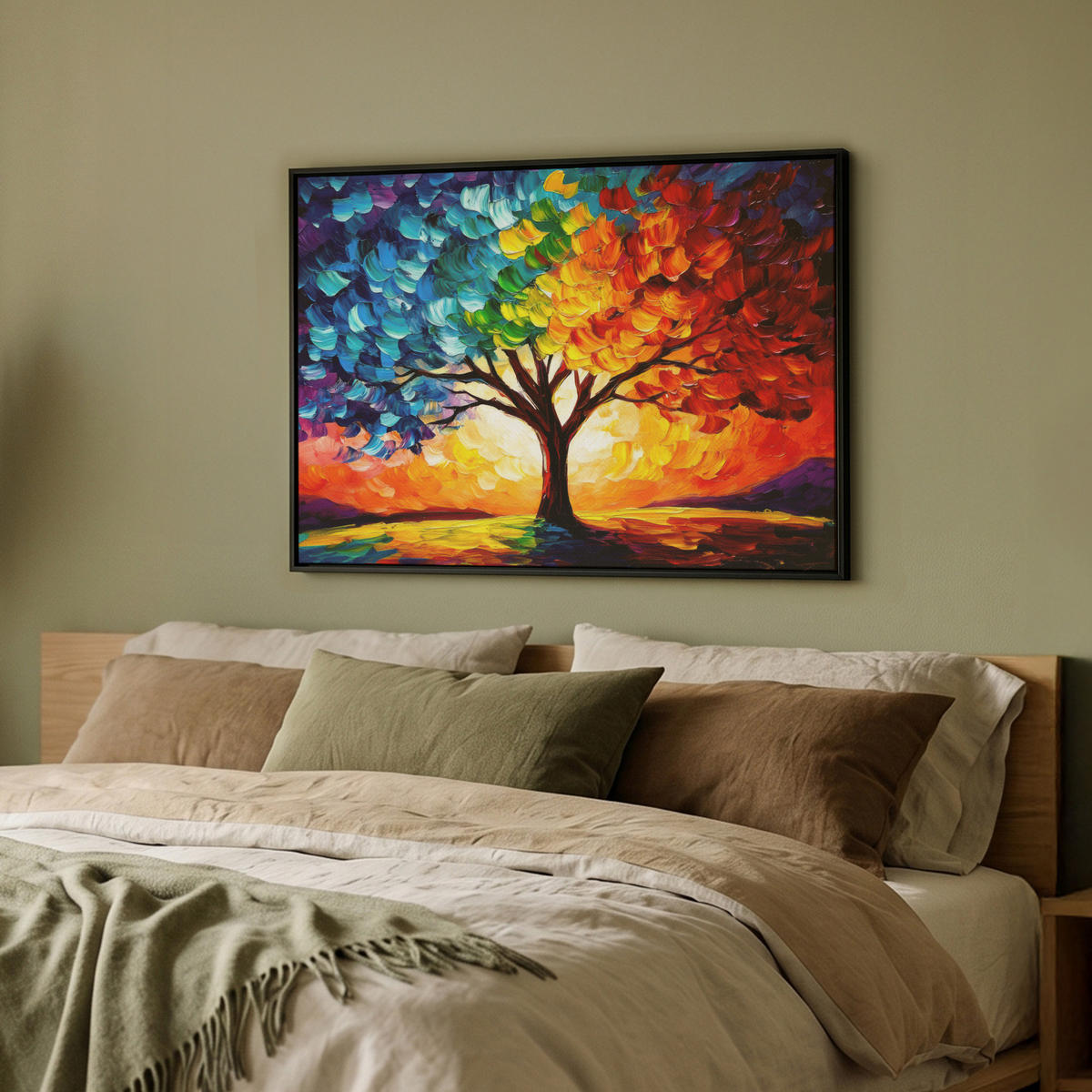 LEINWAND Bilder mit Rahmen - Baum - Kunst - Natur - Sonnenuntergang - 70x50 - Multicolor, Textil (70/50cm) - MuchoWow