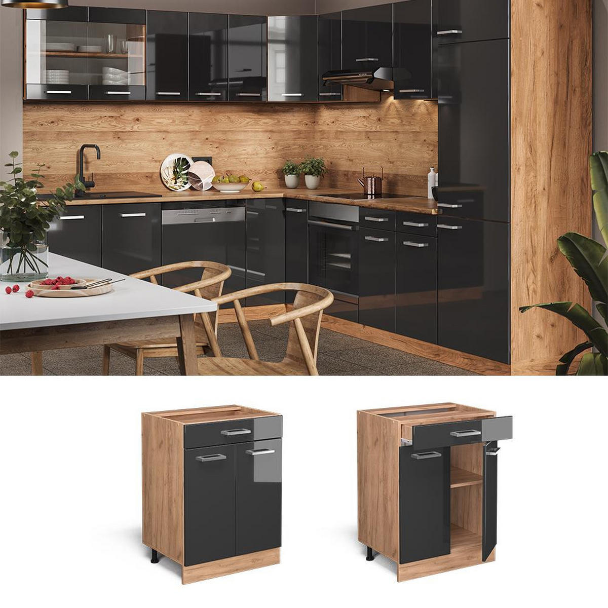 SPODNÍ SKŘÍŇKA KUCHYŇSKÉ LINKY R-Line Antracitový vysoký lesk 60 cm se zásuvkou, PD Antracit - medově dubová/vysoce lesklá černá, kompozitní dřevo (60/81.6/60cm) - Vicco