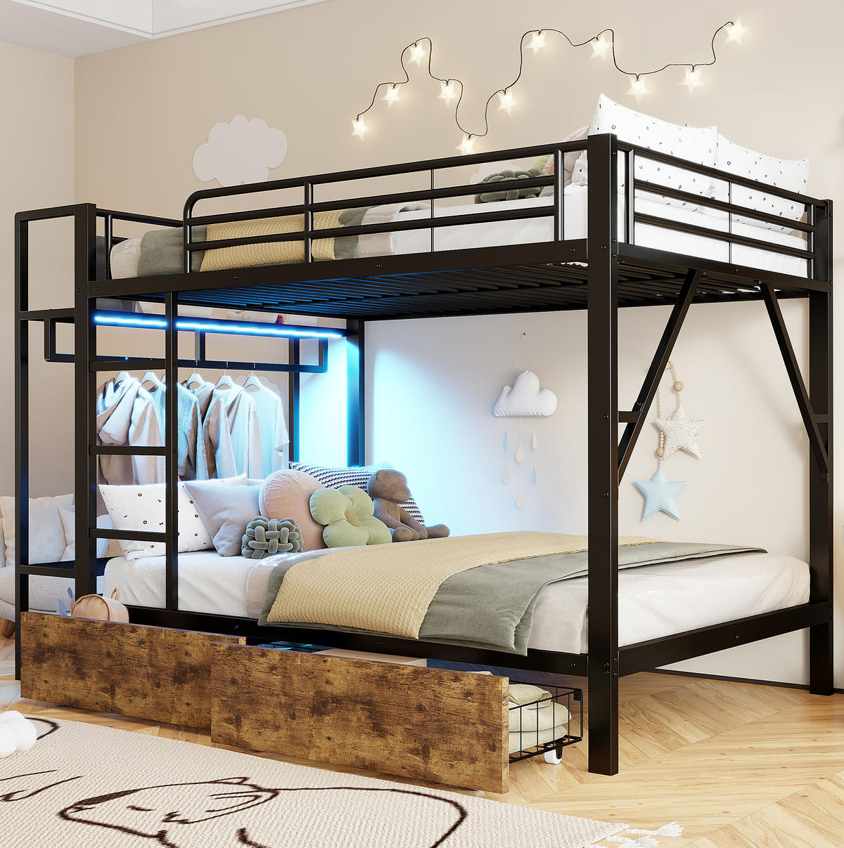 ETAGENBETT 140/200 cm Schwarz mit LED und Schubladen - Schwarz, Metall (140/200cm) - MIVRAY