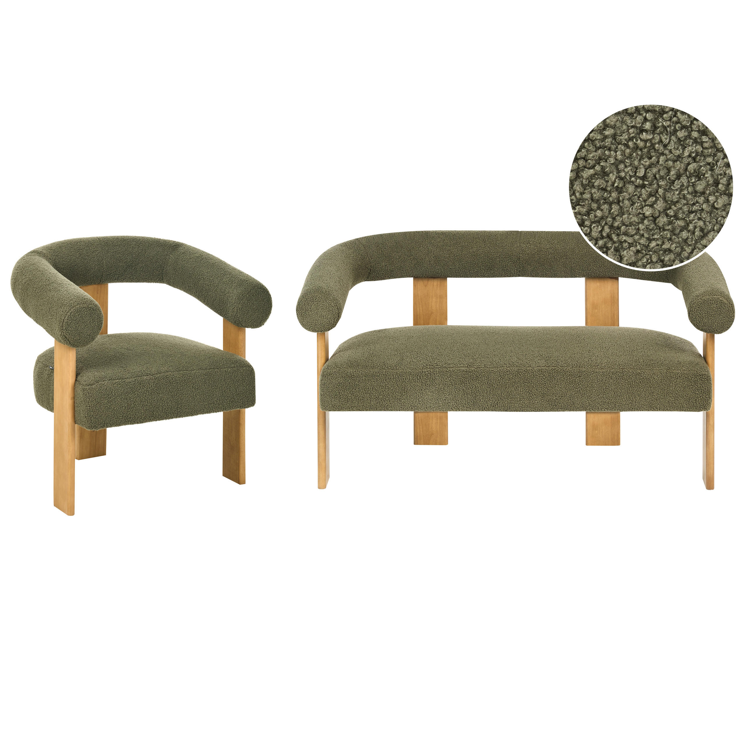 SOFA-SET Bouclé Grün/Hellbraun Ilbro - Olivgrün/Braun, Textil (138/76/68cm) - Beliani
