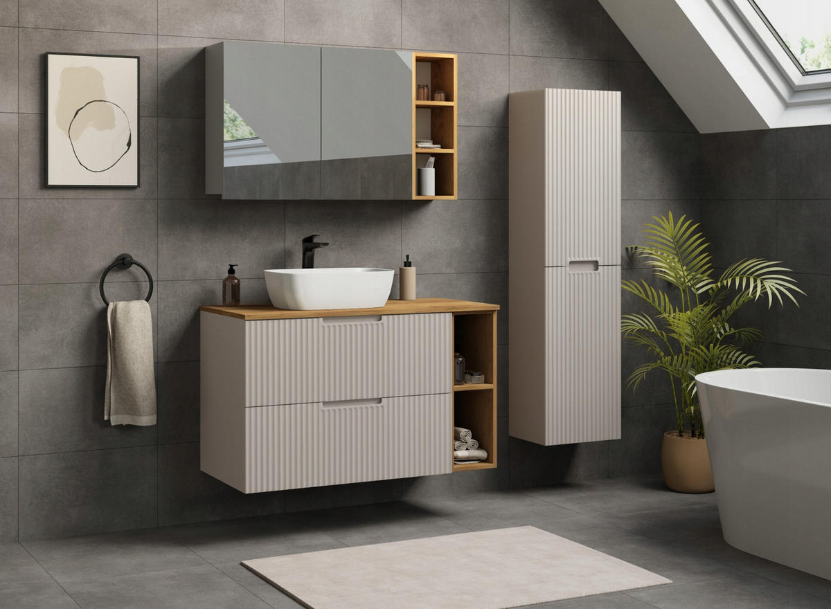 WASCHBECKUNTERSCHRANK VENA 100 cm mit Arbeitsplatte Farbe: Eichen Craft mit einem Regal Gerillte Vorderseite Kaschmir - Kaschmir/Eichefarben, Holzwerkstoff (100/58/46cm) - Rodan