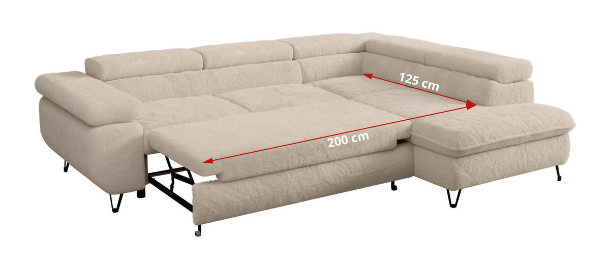 ECKSOFA PETER L Dunkelgrau Plüsch - Rechts Seite - Ecru/Schwarz, Textil/Metall (273/208cm) - MKS