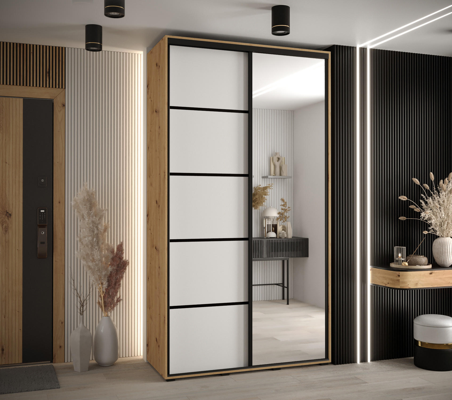 SCHWEBETÜRENSCHRANK 235,2/140/60 2-türig - Schwarz/Weiß, Holz/Metall (140/235/60cm) - Abiks Möbel