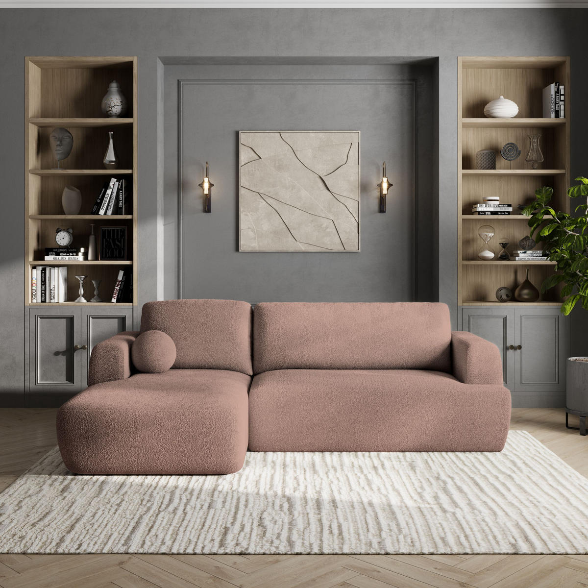 ECKSOFA SENTI N L-S Rosa Boucle-Stoff mit Schlaffunktion - Schwarz/Rosa, Holz/Kunststoff (246/148cm) - MASSENO