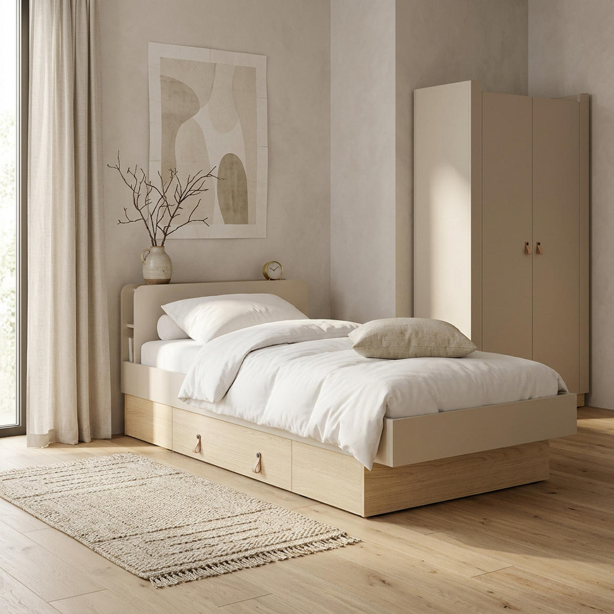 BETT Sorella 90x200 cm mit Lattenrost und Bettkasten-Schublade, ohne Matratze, Macadamia + Eiche Mavelie - Eichefarben/Beige, Leder/Holzwerkstoff (90/200cm) - Beautysofa