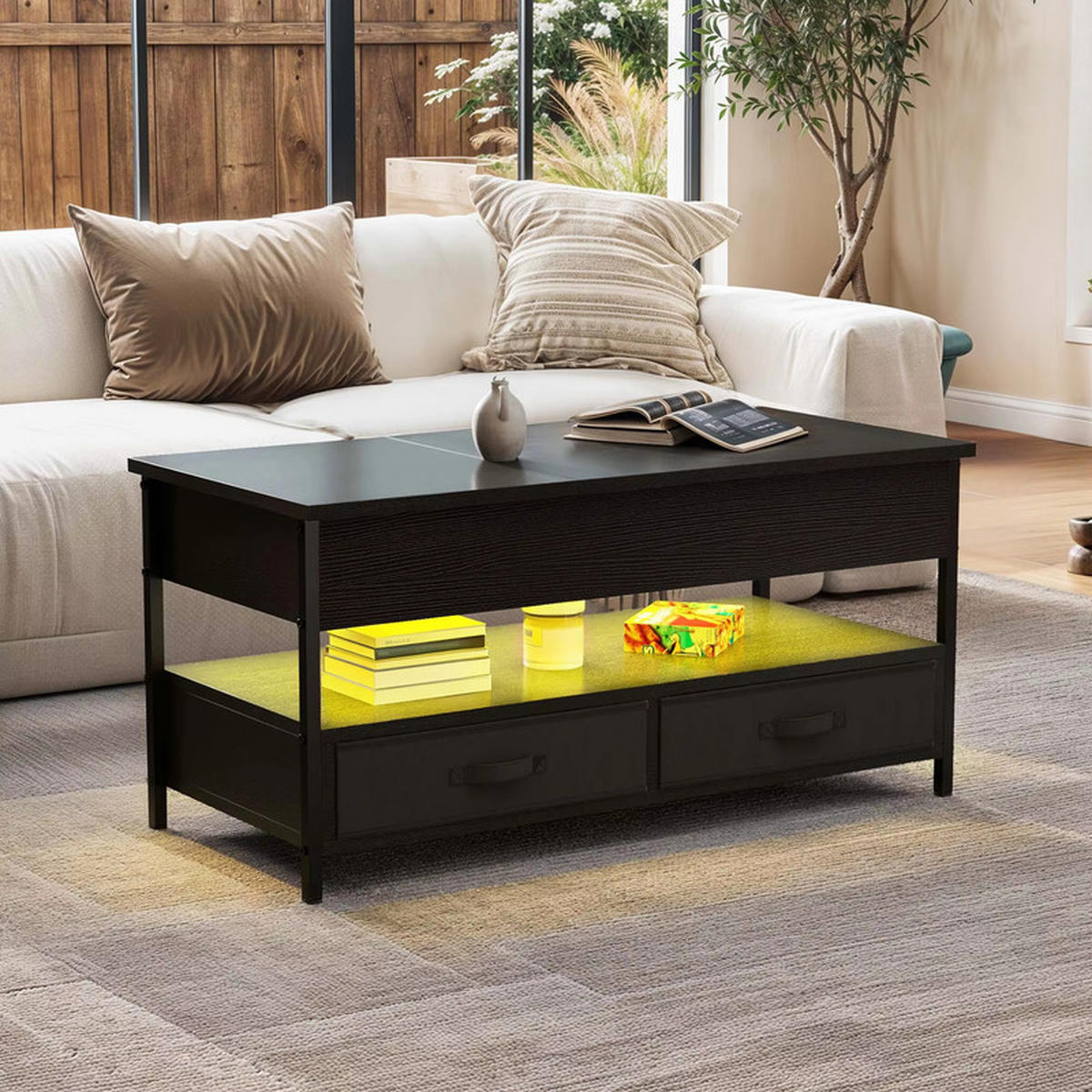 COUCHTISCH Höhenverstellbar 16 Farben LED 106x50x51.5 cm Holz mit Schubladen - Schwarz, Holz (1/1/1cm) - Kaket