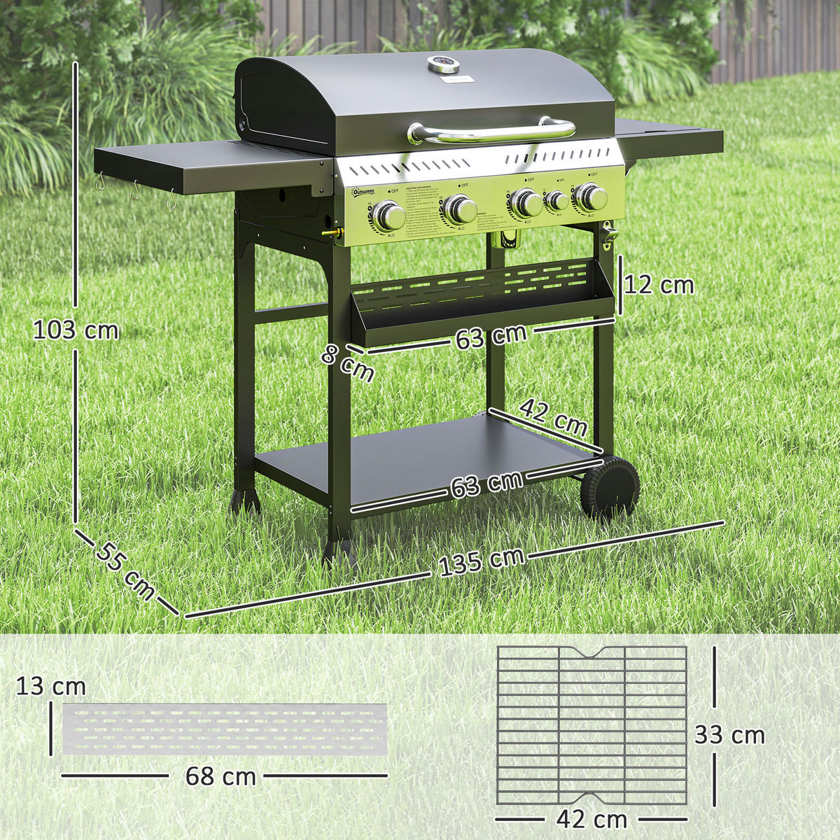 GASGRILL DE-10049 4 Hauptbrenner + Seitenkocher Schwarz - Schwarz, Metall (55/103/135cm) - ComfortXL