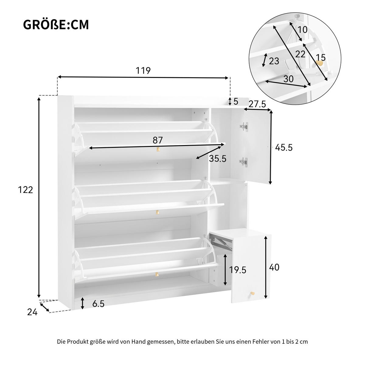 SCHUHSCHRANK Kipp mit Sitzbank Weiß 119x24x122cm - Weiß, Holzwerkstoff (24/122/119cm) - FLIEKS