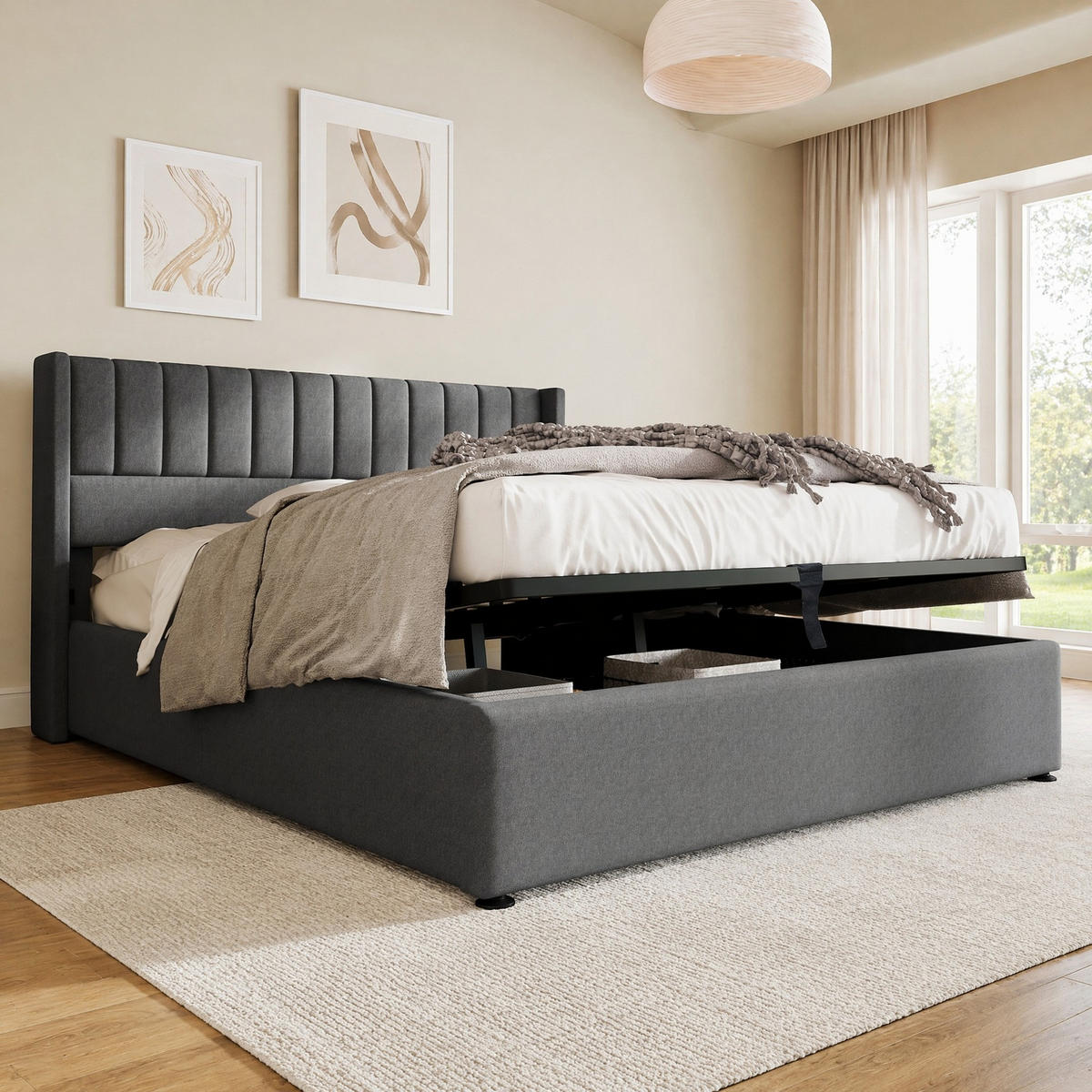 POLSTERBETT 140/200 mit Bettkasten und Hydraulikfunktion in Grau - Grau, Holzwerkstoff/Textil (140/200cm) - EVRYAE