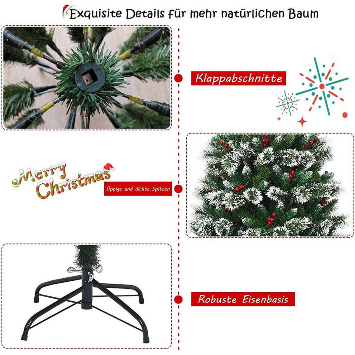 WEIHNACHTSBAUM mit roten Beeren 180cm Grün - Grün, Metall (180cm) - COSTWAY