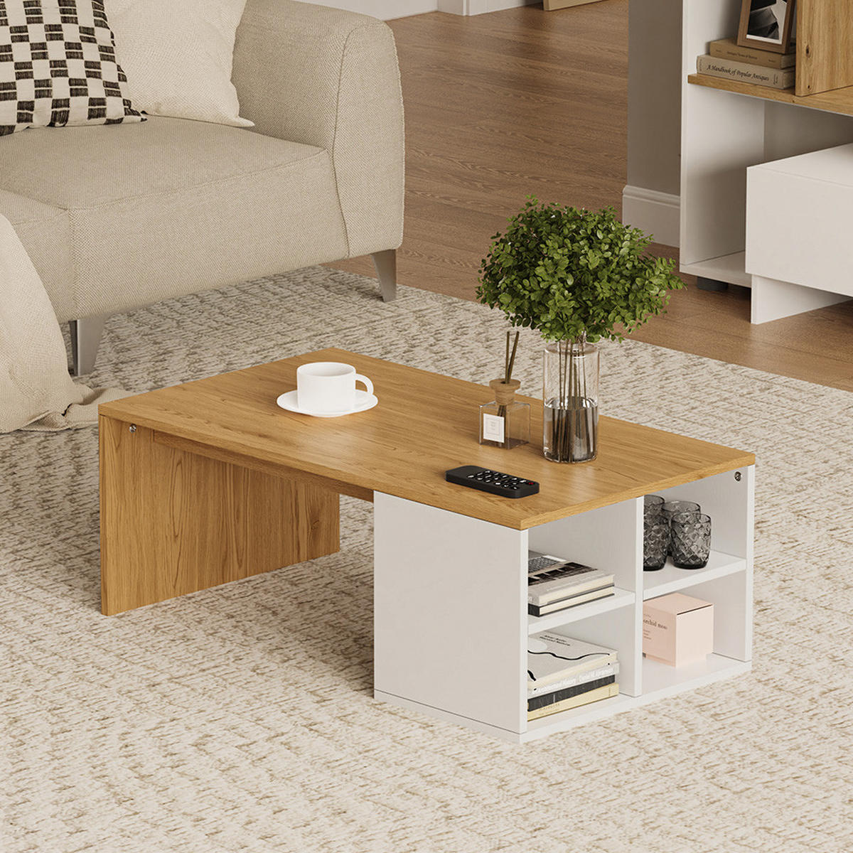 COUCHTISCH Kivo Weiß/Eiche 90 x 50 cm mit offenen 4 Fächern - Eichefarben/Weiß, Holzwerkstoff (50/90/33.6cm) - Vicco
