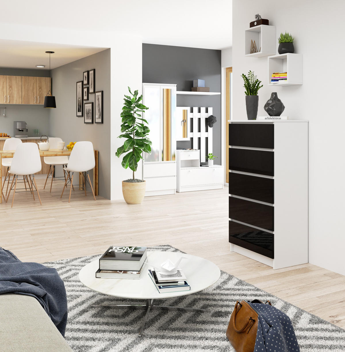 KOMMODE Weiß, Schwarz Glanz 121/60/40 - Weiß, Holzwerkstoff (60/121/40cm) - RAUMHIRSCH FURNITURE