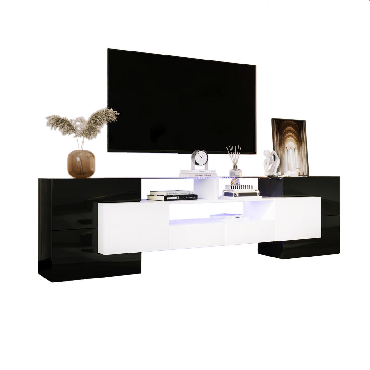 TV-SCHRANK 200cm Modern Hochglanz Weiß-Schwarz LED-Beleuchtung - Schwarz, Holz (40/35/63cm) - FLIEKS
