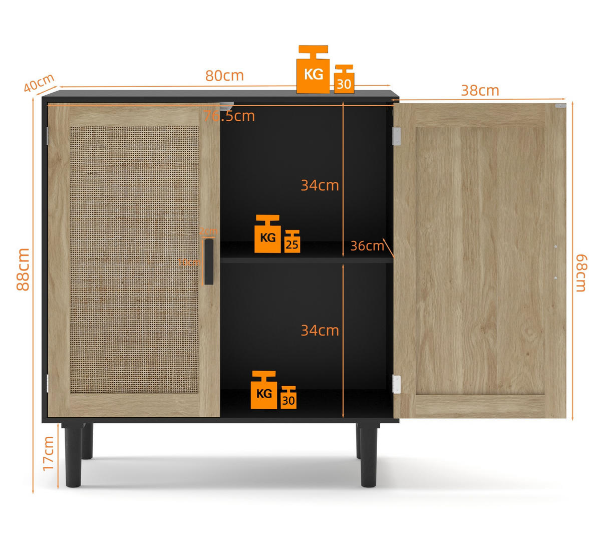 SIDEBOARD 80/40/88 cm schwarz aus MDF mit Rattanfront und offenen Fächern - Schwarz, Holzwerkstoff (80/88/40cm) - OKWISH