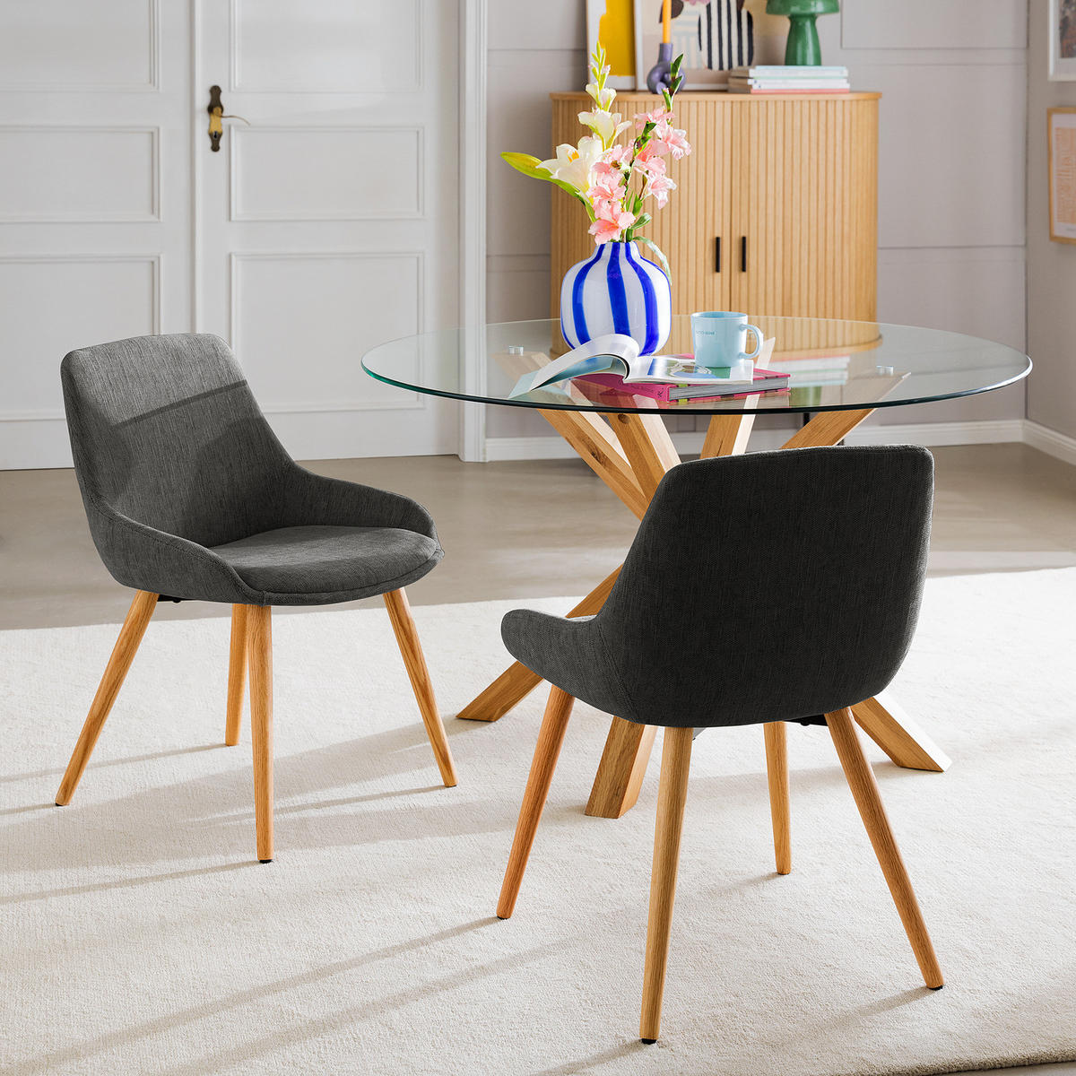 POLSTERSTUHL - 2er-Set - Webstoff / Eiche massiv - Dunkelgrau, Eichenholz/Holz (53/83/54cm) - home24