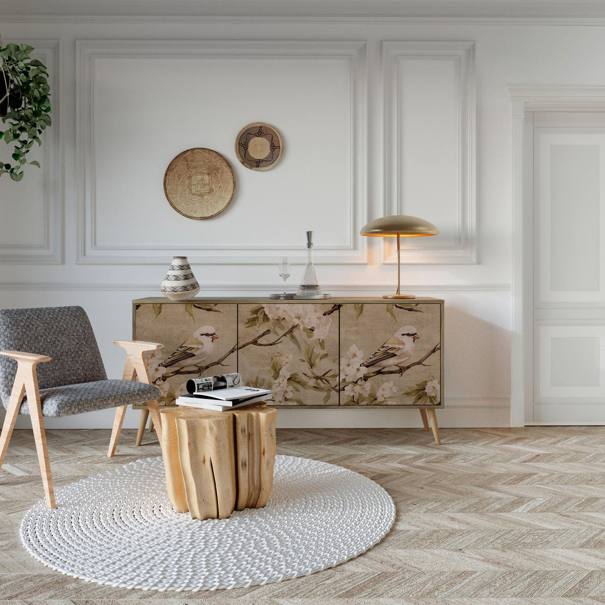 SIDEBOARD PETAL DISTINGUISH, Eicheneffekt, 164,5x42x77,5 cm, 3 Türen - Eichefarben/Buchefarben, Holzwerkstoff/Buchenholz (164.5/77.5/42cm) - SpaceRebels