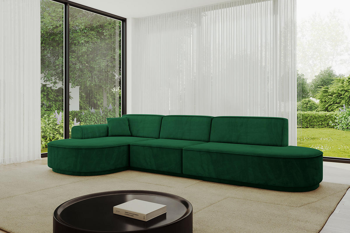 ECKSOFA Ottomane Links MARI-L2-v3 - 328x171x83 cm Dunkelgrün Velours - Dunkelgrün/Schwarz, Holzwerkstoff/Kunststoff (328/171cm) - ALTDECOR
