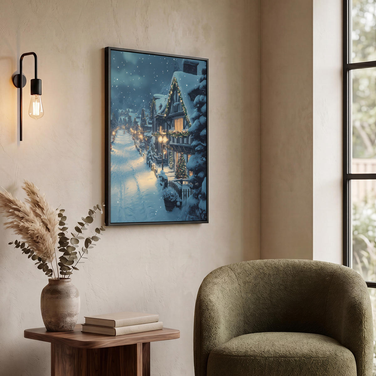 LEINWAND Bilder mit Rahmen - Weihnachtsdorf - Weihnachten - Schnee - Winter - 50x70 - Dunkelblau, Textil (50/70cm) - MuchoWow