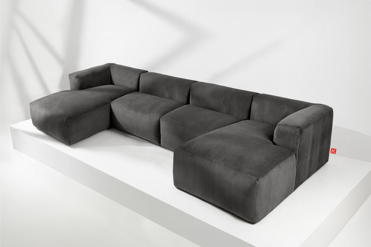 PANORAMA-ECKSOFA BUFFO 7/8 Sitzer mit extrem weicher Sitzfläche, Kordstoff, grau - Grau, Textil (424/73/180cm) - KONSIMO®