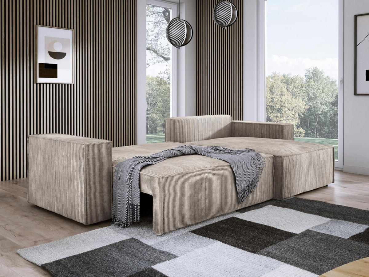 ECKSOFA POSO XL UNIVERSAL, Schlaffunktion und Lattenrost - L-Form, Cord, Federung auf Wellfedern, 274x143x83 cm, Rechts Beige - Beige, Holz/Textil (277/143cm) - DomoHome