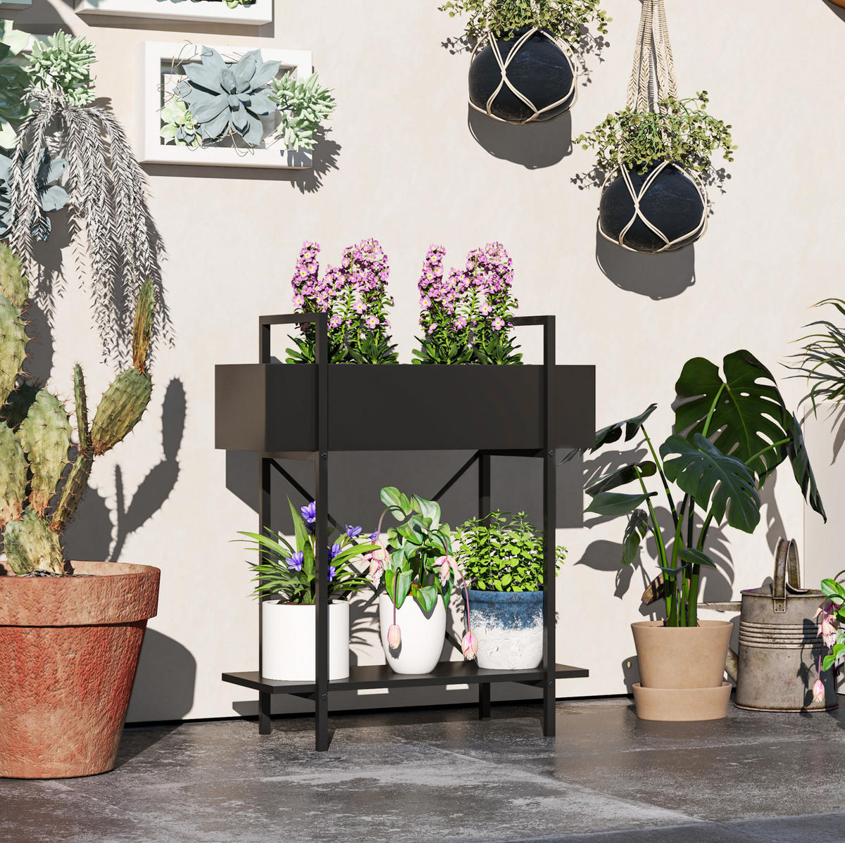 BLUMENSTÄNDER 60/25/70 cm aus Metall mit 2 Ebenen, Ablauflöchern und X-Rückenstruktur, Schwarz - Schwarz, Metall (25/70/60cm) - Redom