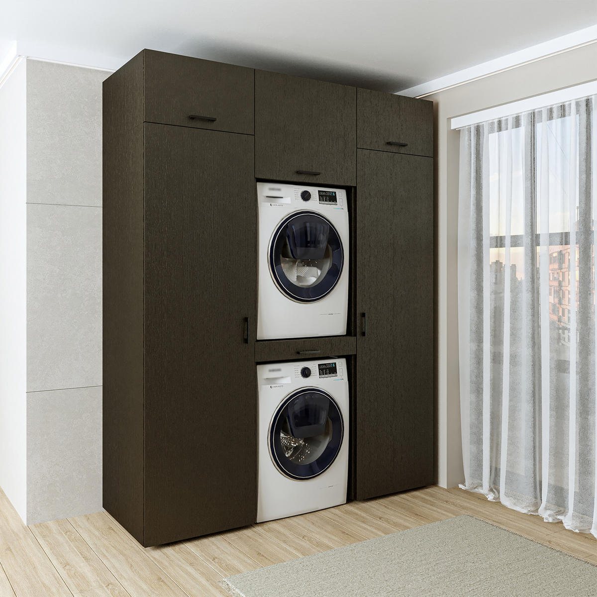 WASCHMASCHINENSCHRANK DUO-I 187cm Breit, 240cm Hoch - Schwarz, Holzwerkstoff (187/240/67cm)
