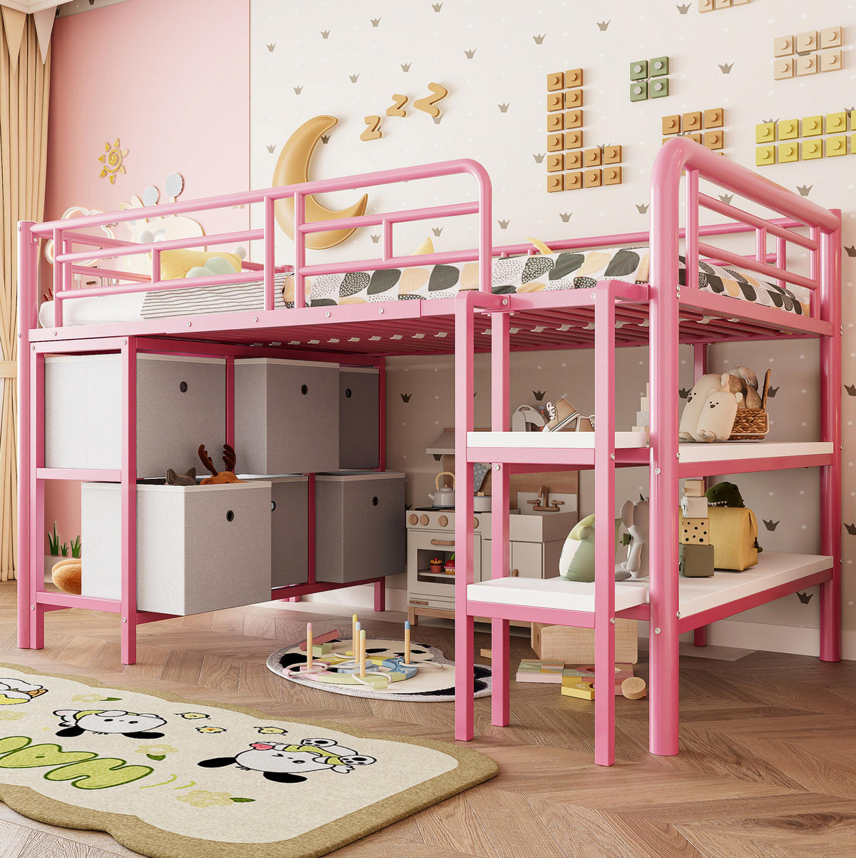 HOCHBETT 90/200 cm aus Metall mit breiter Treppe, Schubladen und Regalen, Rosa/Weiß - Rosa, Metall (90/200cm) - Redom