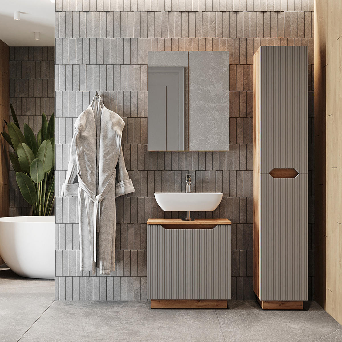 BADMÖBEL-SET Lotta Eiche/grau gestreift 3 Teile - Eichefarben/Grau, Holzwerkstoff (59.8/62.1/32cm) - Vicco