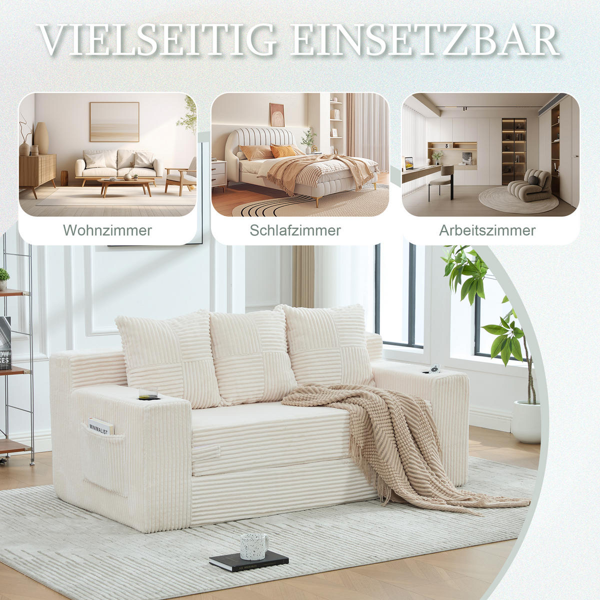 2-SITZER Bodensofa ausklappbar, Getränkehalter/Seitentaschen, Cord, Beige - Beige, Textil (172/64/87cm) - LVHOM