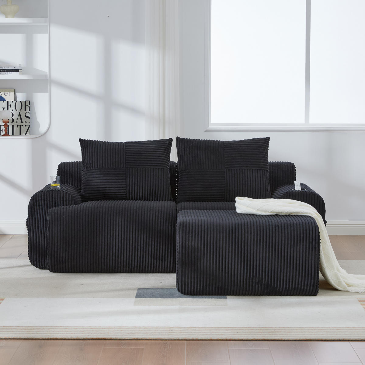 MODULARES 2-Sitzer Cordsofa mit Hocker Getränkehalter und Seitentasche 200/174/80 cm Schwarz - Schwarz, Textil (174/200cm) - Redom