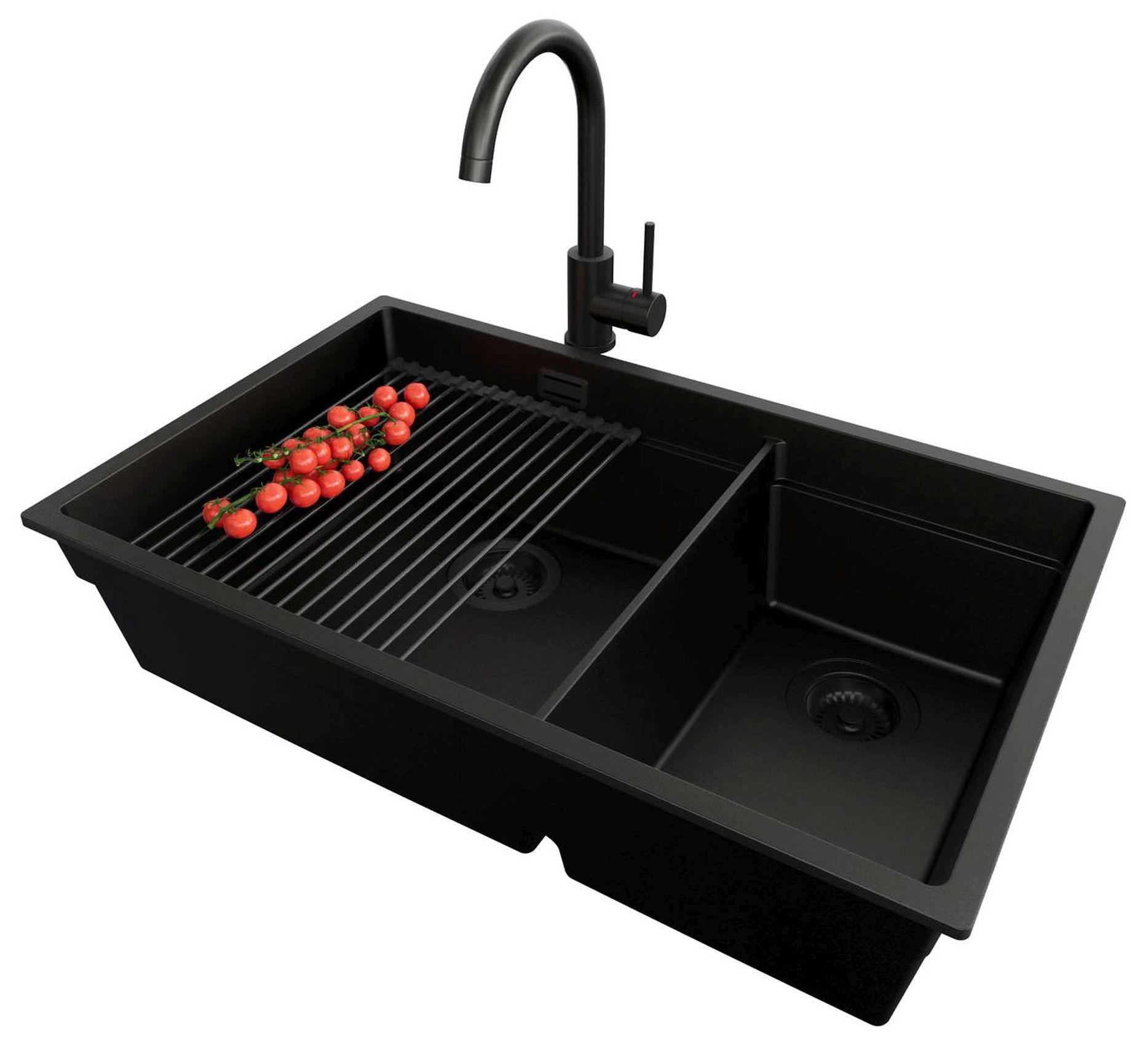 GRANITSPÜLE Praga Slim Duo, 2-er set Schwarz 76/47 cm 2 Becken + Küchenarmatur 32/20 cm + Ablauf-Set + Aufrollbare Abtropffläche ab 80er Unterschrank - Schwarz, Kunststoff (76/20/47cm) - Primagran