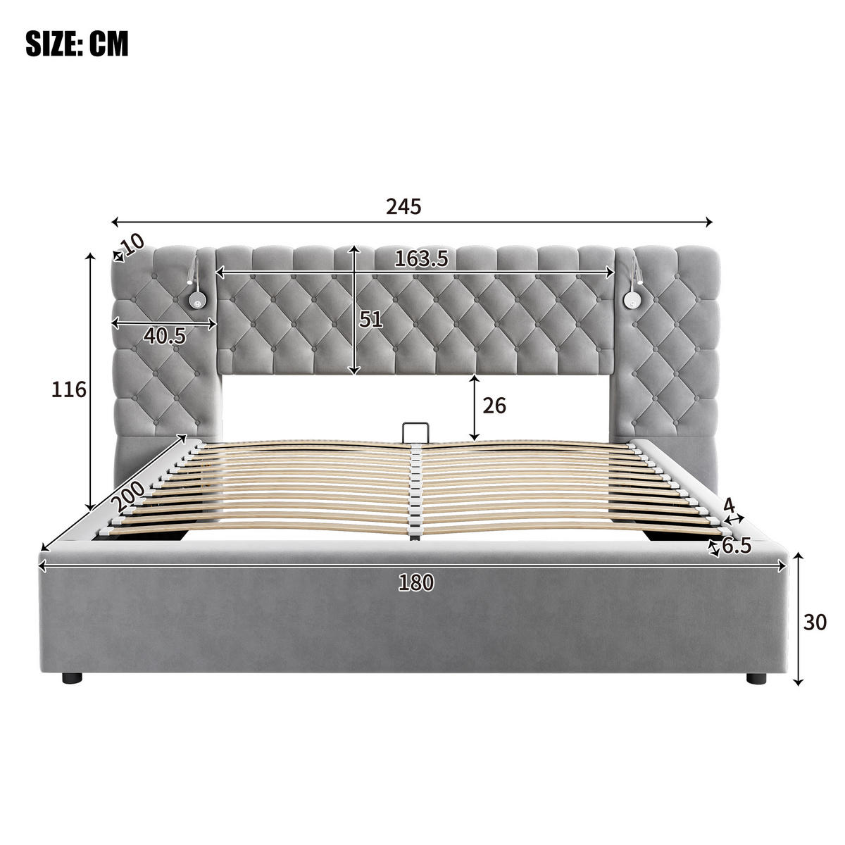 POLSTERBETT 180 x 200 cm in Samt mit LED-Beleuchtung - Grau, Holz/Textil (180/200cm) - KOMHTOM