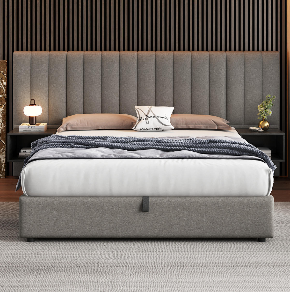 POLSTERBETT 160/200 cm mit hydraulischem Bettkasten und 2 Nachttischen mit Stauraum, Grau/Schwarz - Grau, Textil (160/200cm) - Redom