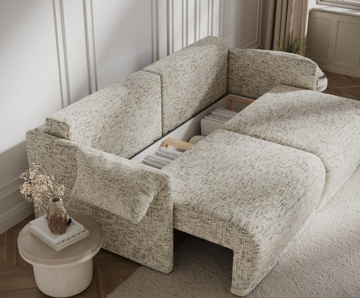 SCHLAFSOFA MIT ECKSOFA-FUNKTION Nappa Beige Webstoff - Beige/Schwarz, Holz/Holzwerkstoff (215/100/112cm) - Maison de Reve