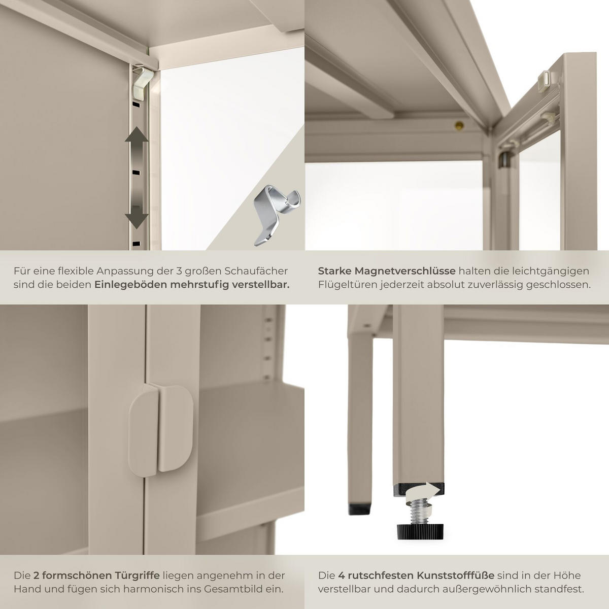 METALLVITRINE Baker, Kippschutz, höhenverstellbare Füße, taupe - Taupe, Metall (80/90.5/37cm) - tectake