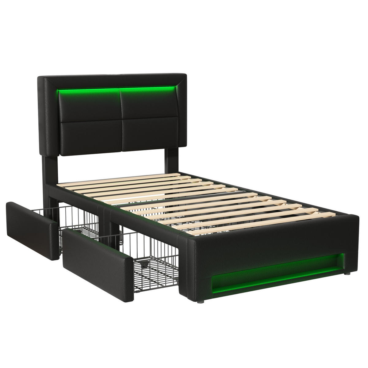 POLSTERBETT 90/190 cm Schwarz mit USB-Anschluss und LED-Beleuchtung - Schwarz, Kunststoff (90/200cm) - OKWISH