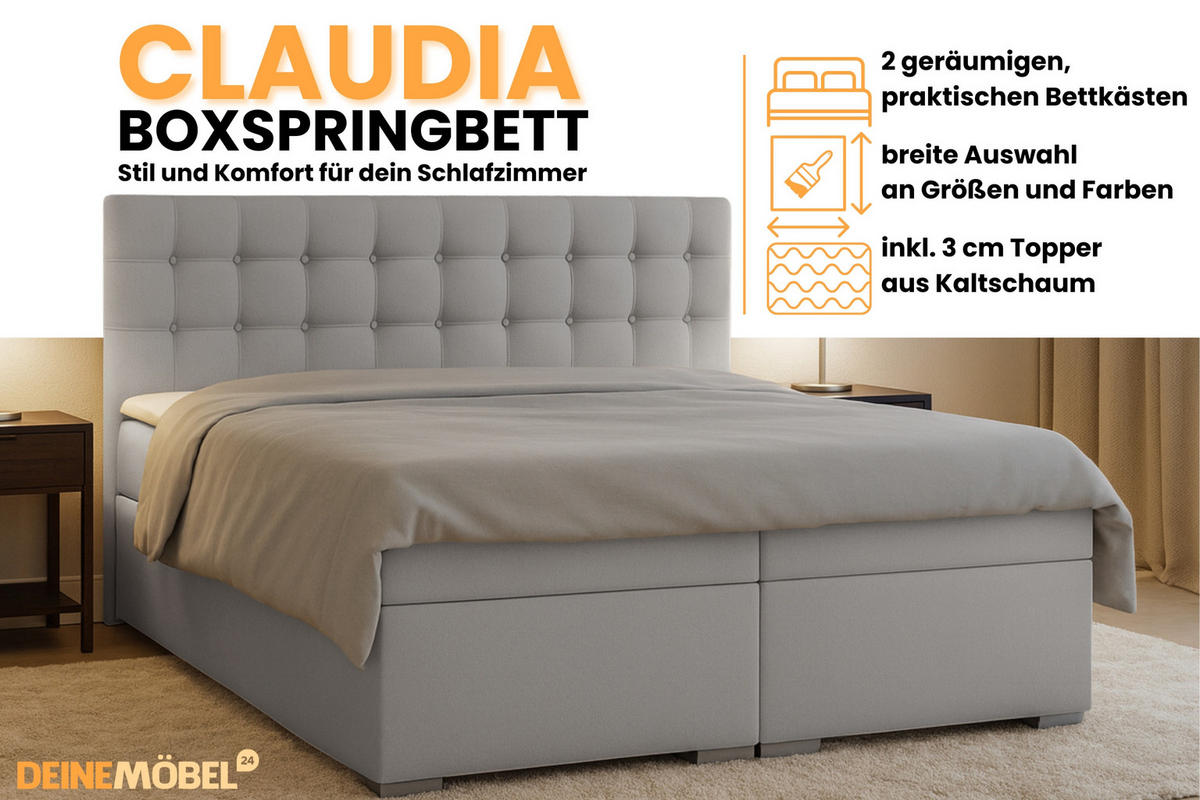 BOXBETT CLAUDIA 180/200 Velour Hellgrau mit Bonell-Federkernmatratzen H3 - Hellgrau, Holzwerkstoff (180/200cm) - Deine Möbel 24